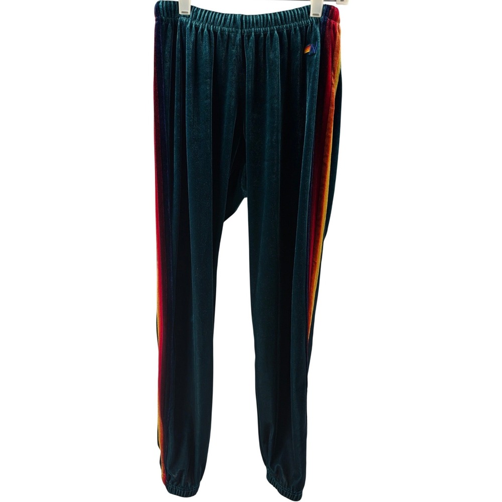Aviator Nation Teal Green‎ Velvet Velour Rainbow Stripe Jogger Sweatpants XS